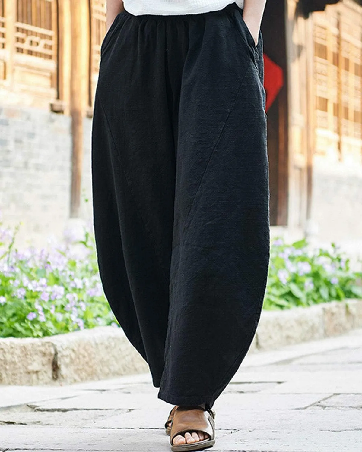 IXIMO Women's Cotton Linen Pants Casual Baggy Elastic Waist Relax Fit Trousers Slacks