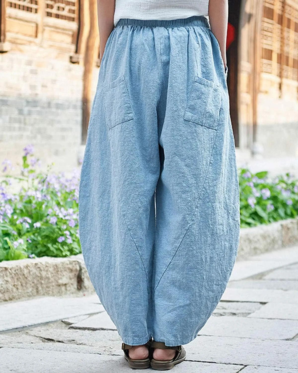 IXIMO Women's Cotton Linen Pants Casual Baggy Elastic Waist Relax Fit Trousers Slacks