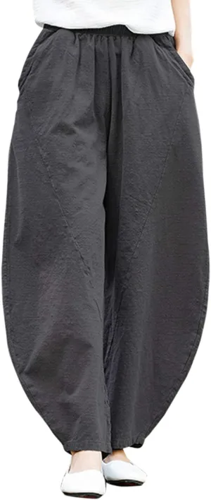 IXIMO Women's Cotton Linen Pants Casual Baggy Elastic Waist Relax Fit Trousers Slacks