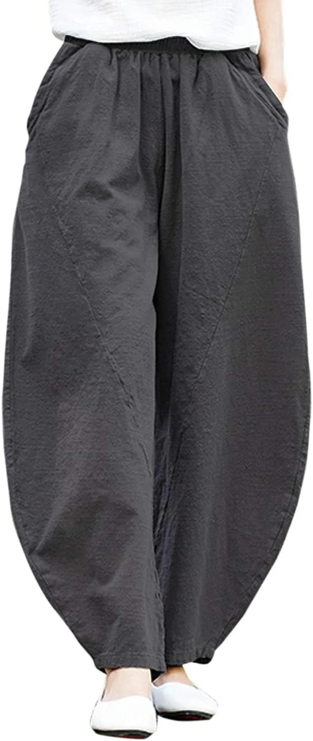 IXIMO Women's Cotton Linen Pants Casual Baggy Elastic Waist Relax Fit Trousers Slacks