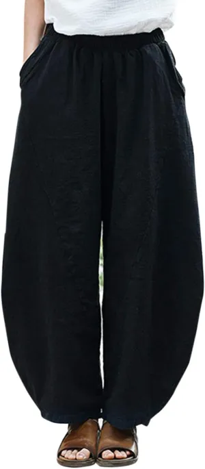 IXIMO Women's Cotton Linen Pants Casual Baggy Elastic Waist Relax Fit Trousers Slacks