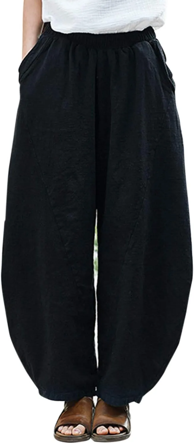 IXIMO Women's Cotton Linen Pants Casual Baggy Elastic Waist Relax Fit Trousers Slacks