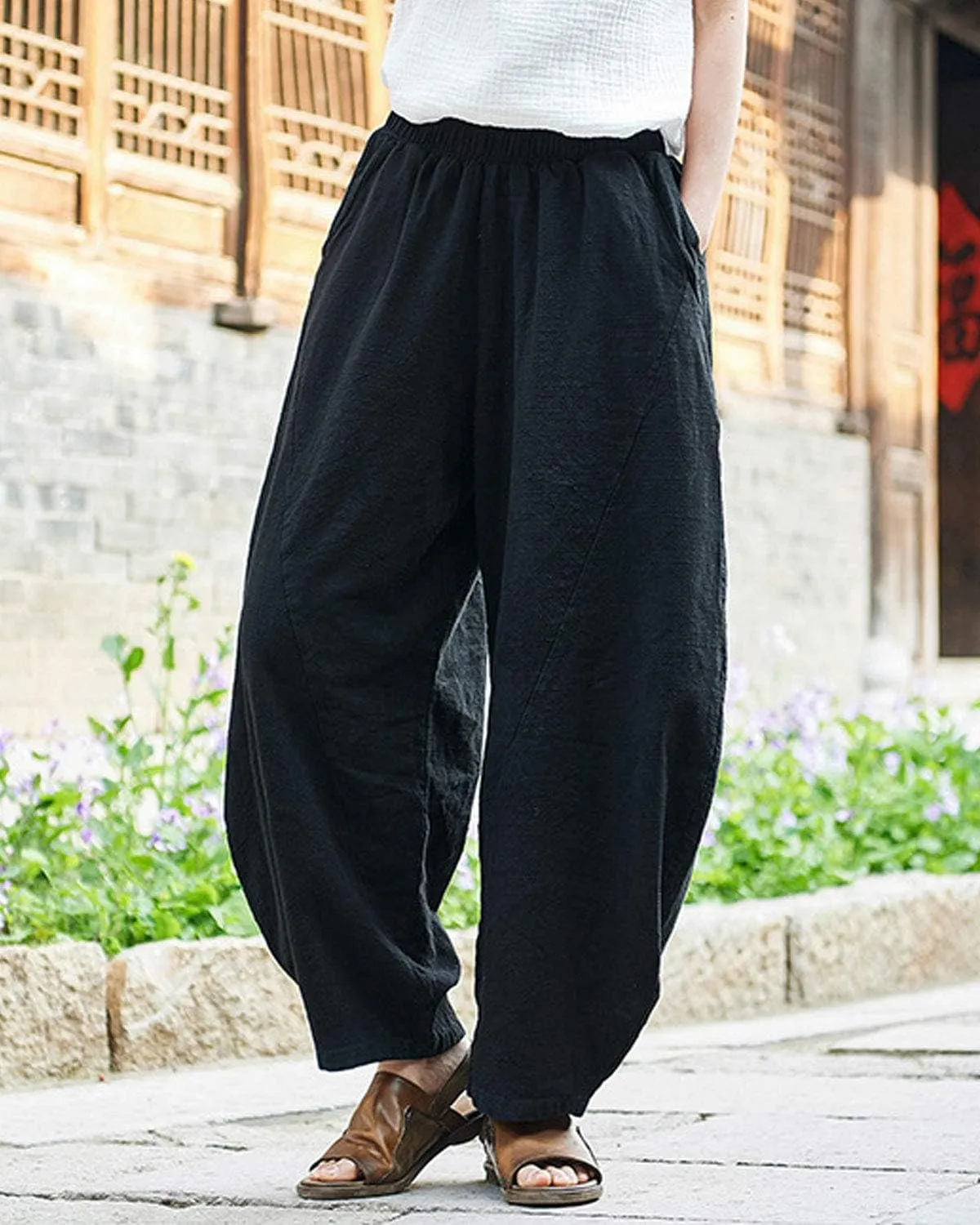 IXIMO Women's Cotton Linen Pants Casual Baggy Elastic Waist Relax Fit Trousers Slacks