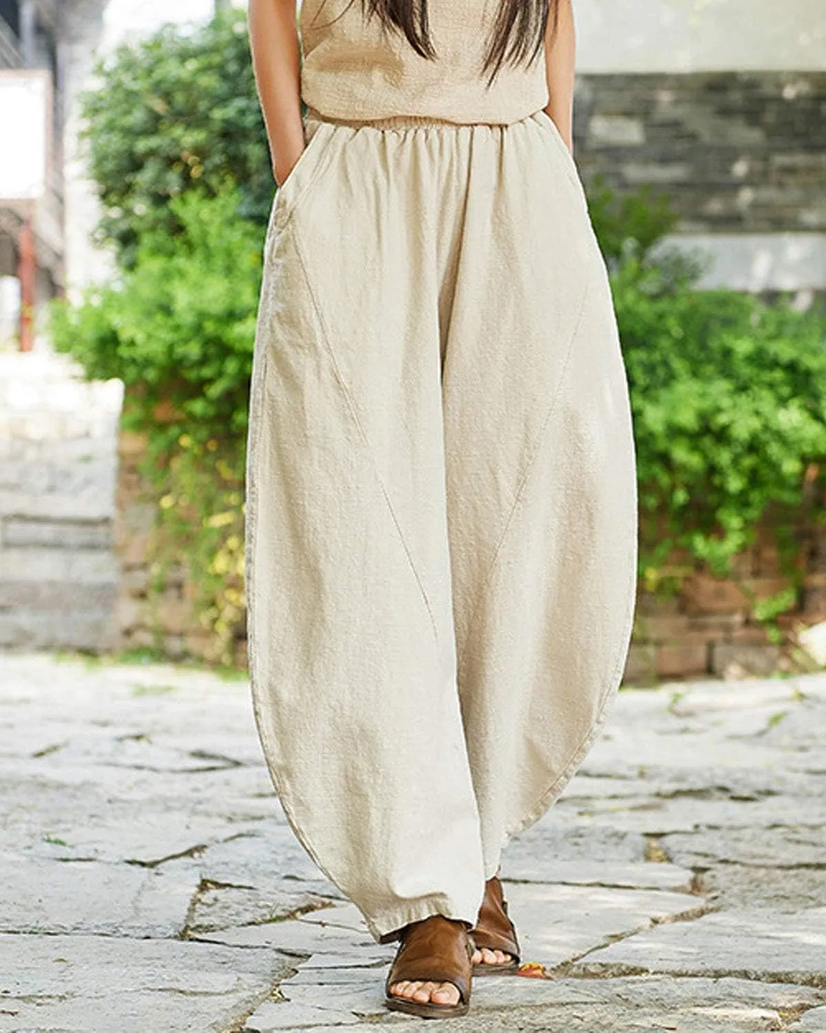 IXIMO Women's Cotton Linen Pants Casual Baggy Elastic Waist Relax Fit Trousers Slacks