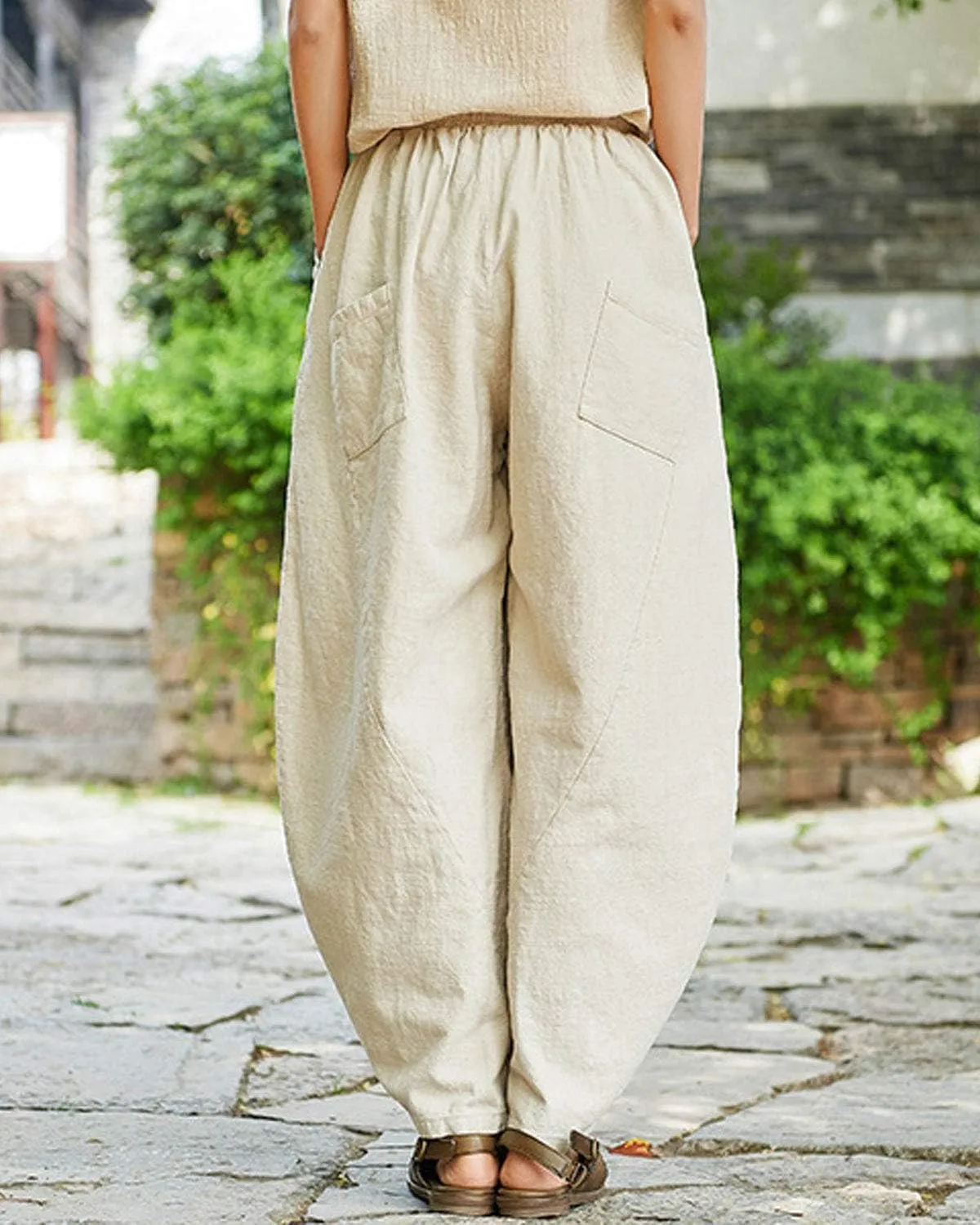 IXIMO Women's Cotton Linen Pants Casual Baggy Elastic Waist Relax Fit Trousers Slacks
