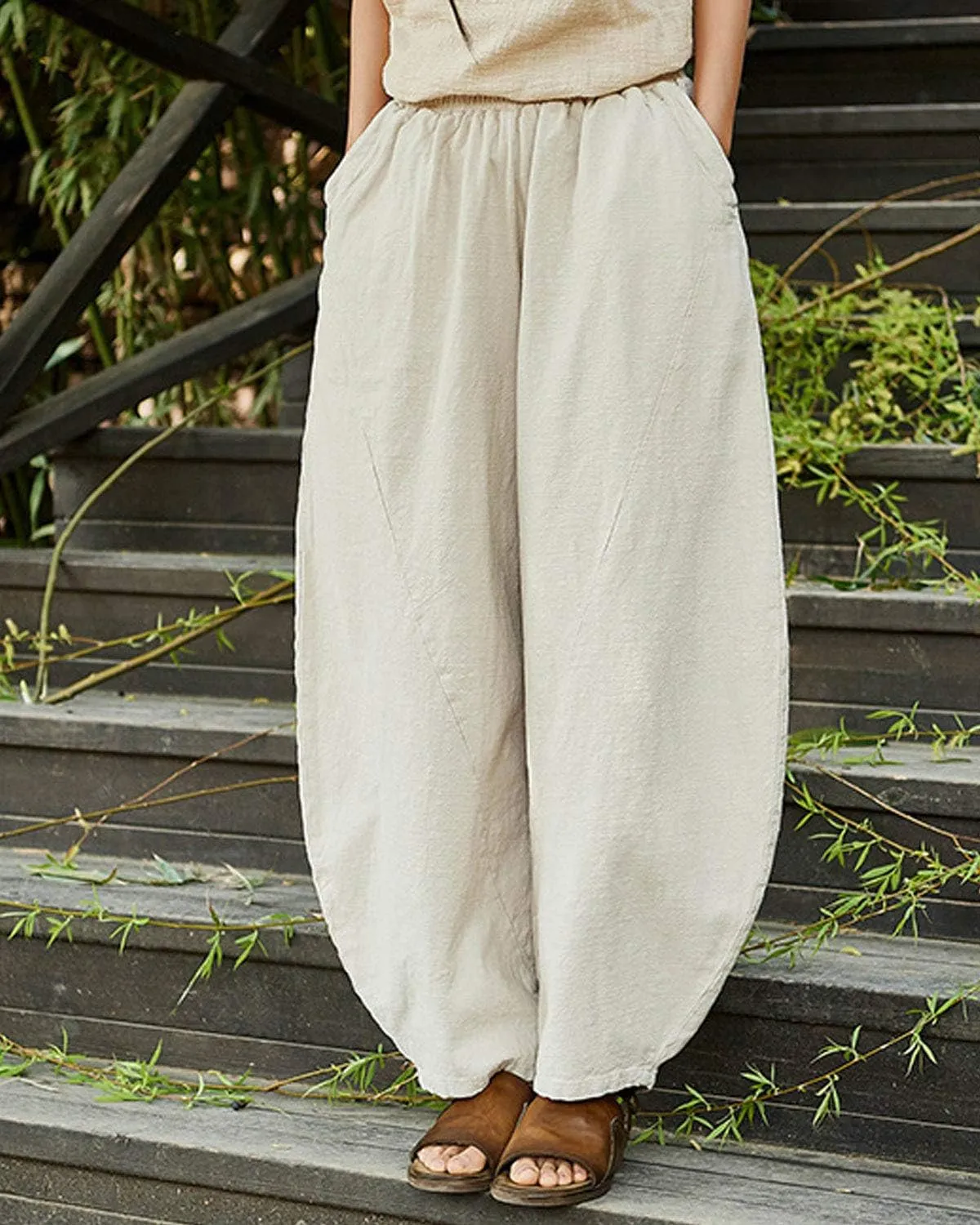 IXIMO Women's Cotton Linen Pants Casual Baggy Elastic Waist Relax Fit Trousers Slacks