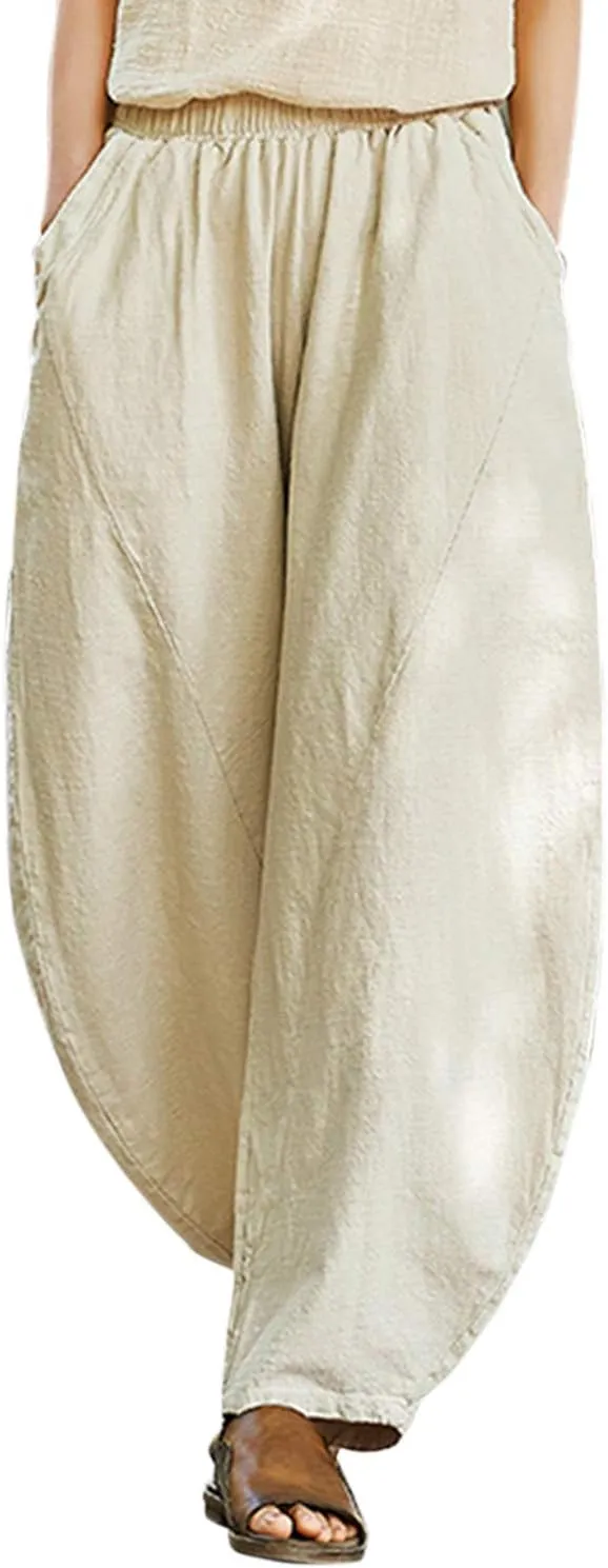 IXIMO Women's Cotton Linen Pants Casual Baggy Elastic Waist Relax Fit Trousers Slacks