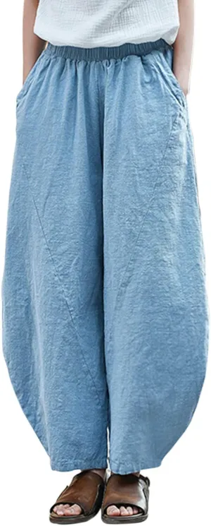 IXIMO Women's Cotton Linen Pants Casual Baggy Elastic Waist Relax Fit Trousers Slacks