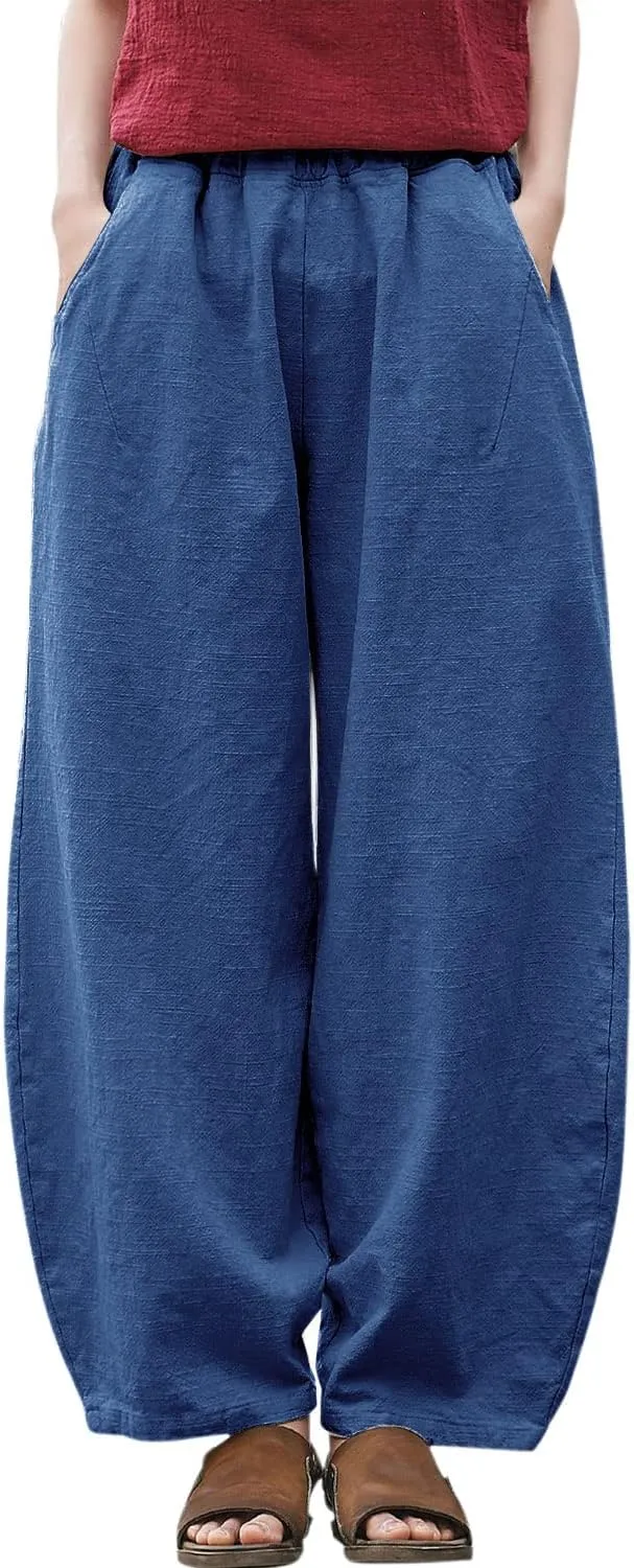 IXIMO Women's Linen Pants Casual Wide Leg Relax Fit Ankle Length Lantern Trousers