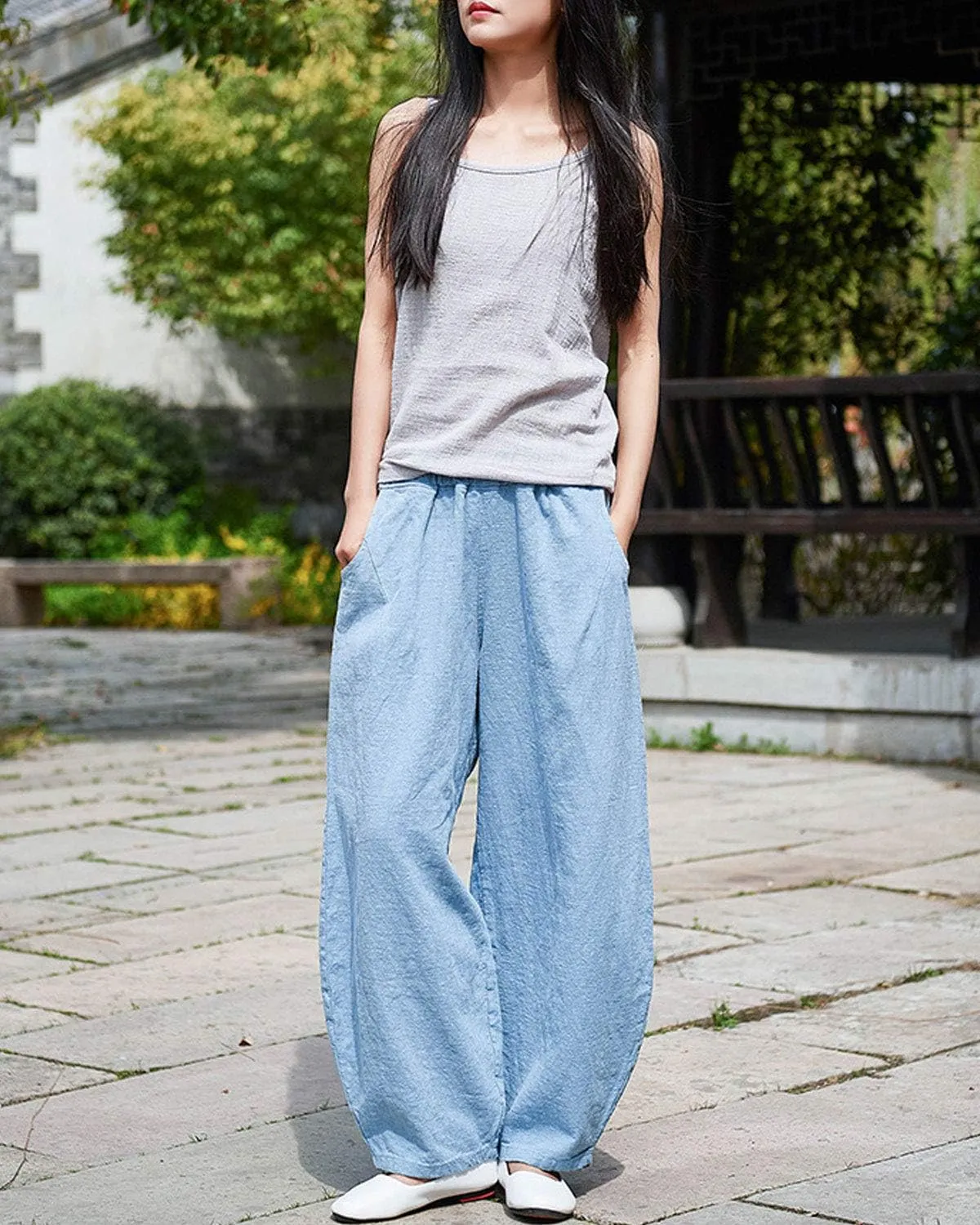 IXIMO Women's Linen Pants Casual Wide Leg Relax Fit Ankle Length Lantern Trousers
