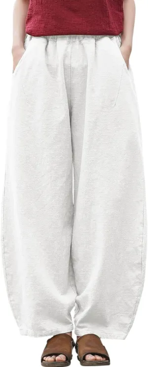 IXIMO Women's Linen Pants Casual Wide Leg Relax Fit Ankle Length Lantern Trousers