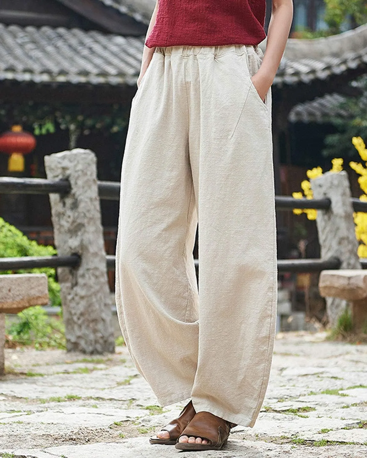 IXIMO Women's Linen Pants Casual Wide Leg Relax Fit Ankle Length Lantern Trousers