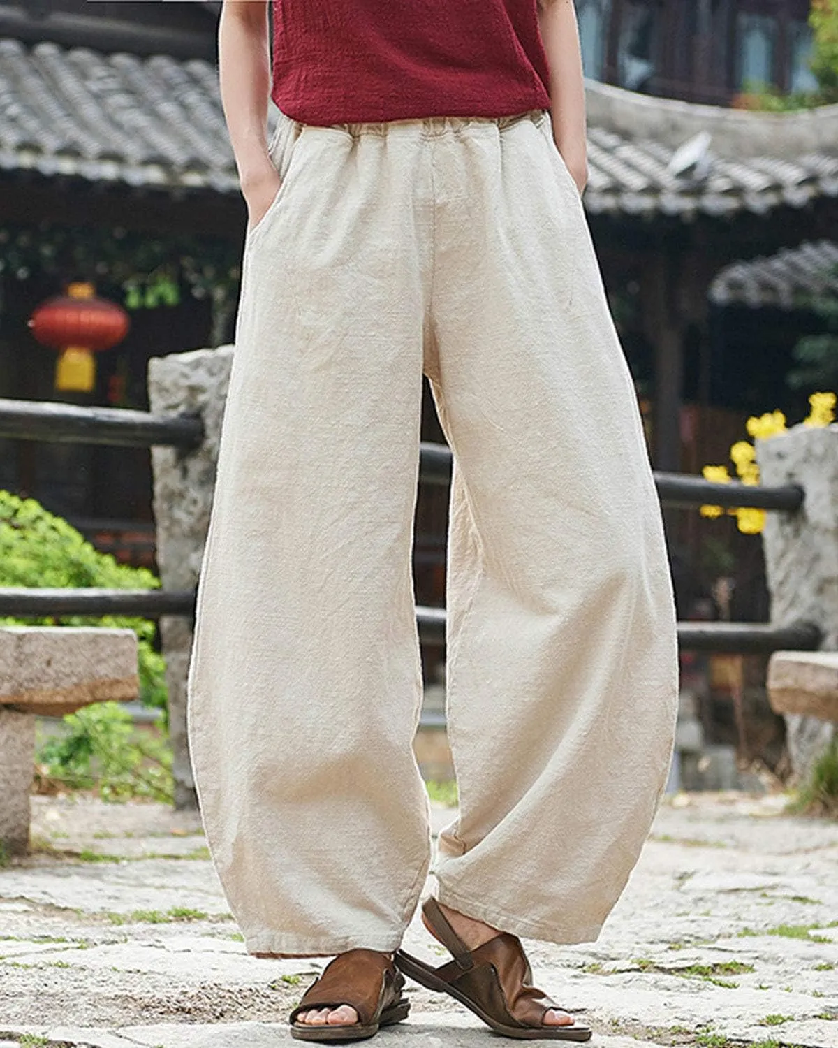 IXIMO Women's Linen Pants Casual Wide Leg Relax Fit Ankle Length Lantern Trousers