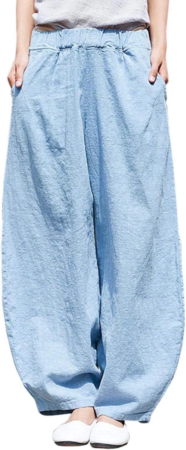 IXIMO Women's Linen Pants Casual Wide Leg Relax Fit Ankle Length Lantern Trousers