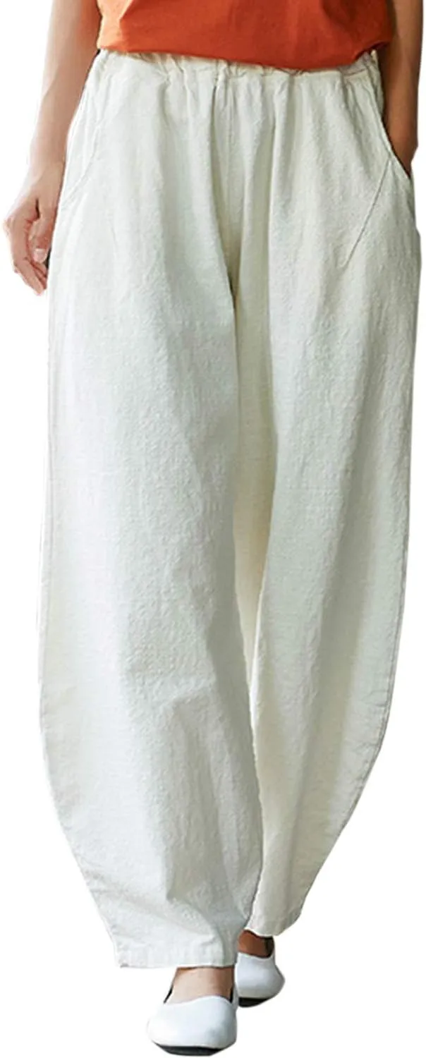 IXIMO Women's Linen Pants Casual Wide Leg Relax Fit Ankle Length Lantern Trousers