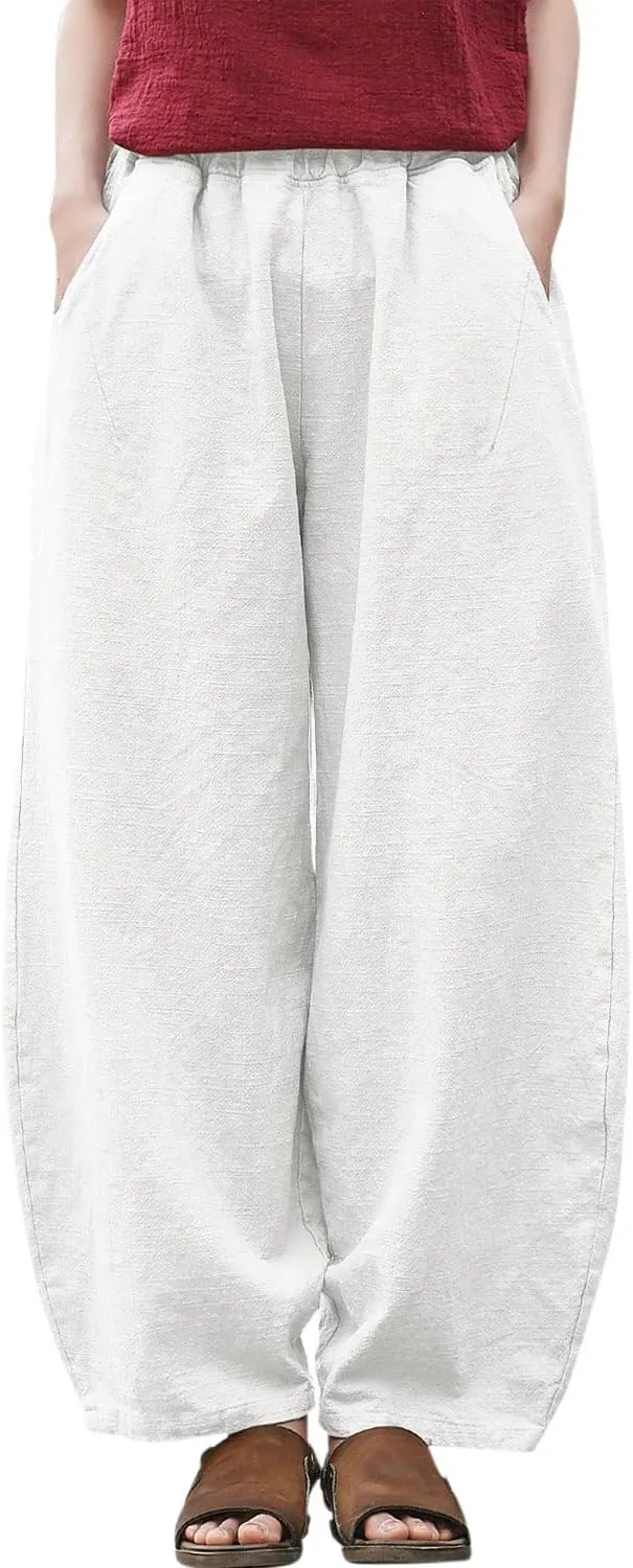 IXIMO Women's Linen Pants Casual Wide Leg Relax Fit Ankle Length Lantern Trousers