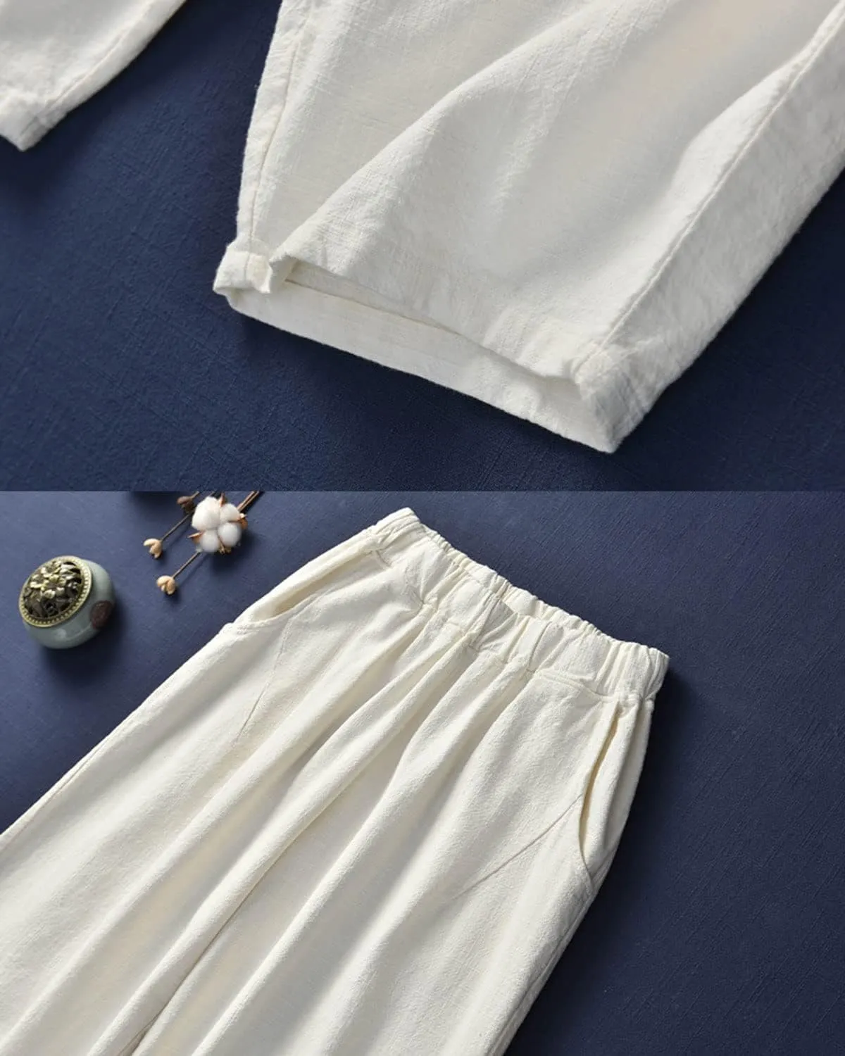 IXIMO Women's Linen Pants Casual Wide Leg Relax Fit Ankle Length Lantern Trousers