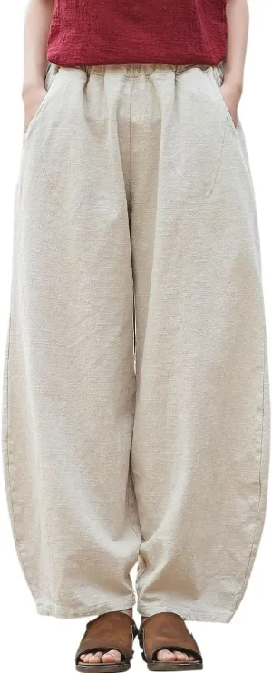 IXIMO Women's Linen Pants Casual Wide Leg Relax Fit Ankle Length Lantern Trousers