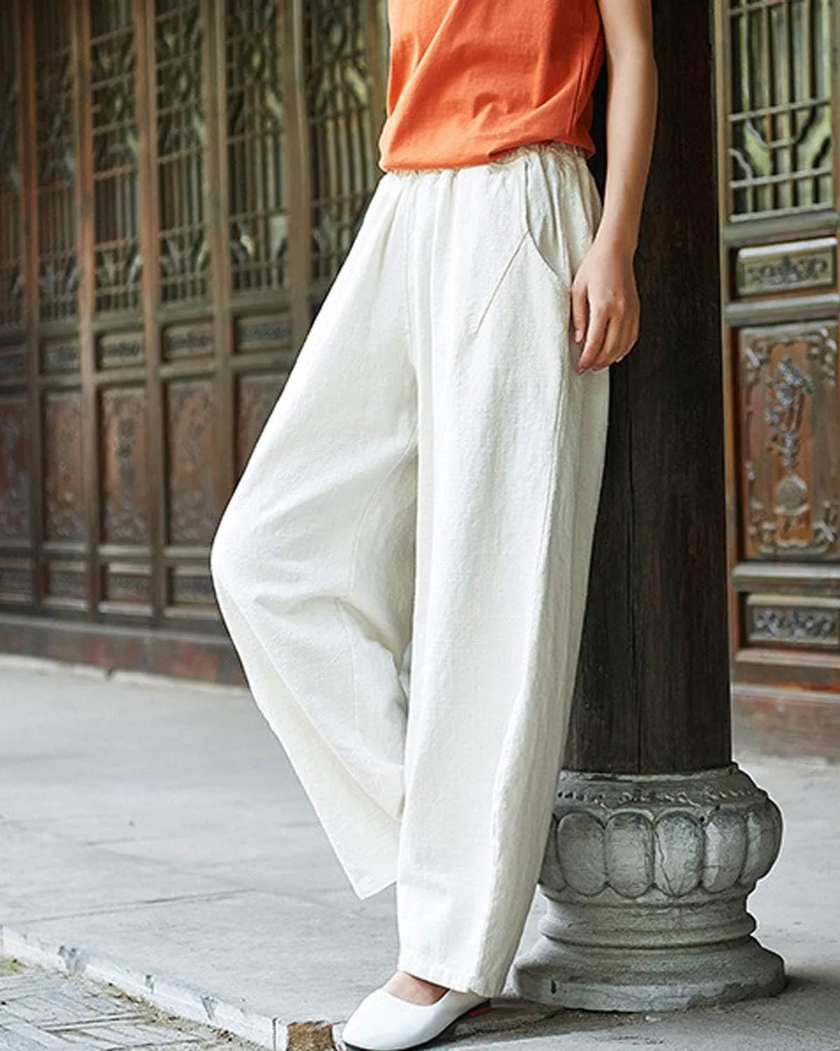 IXIMO Women's Linen Pants Casual Wide Leg Relax Fit Ankle Length Lantern Trousers