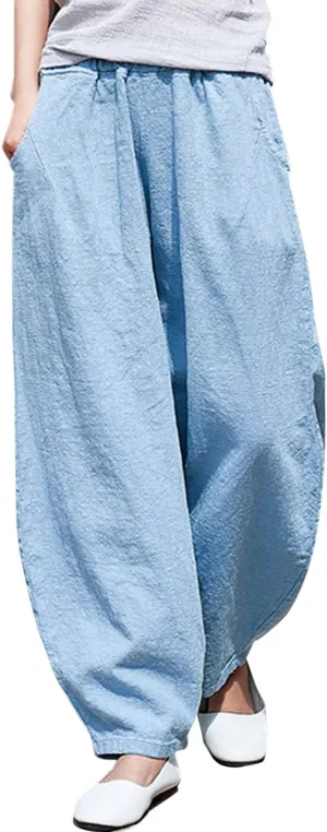 IXIMO Women's Linen Pants Casual Wide Leg Relax Fit Ankle Length Lantern Trousers