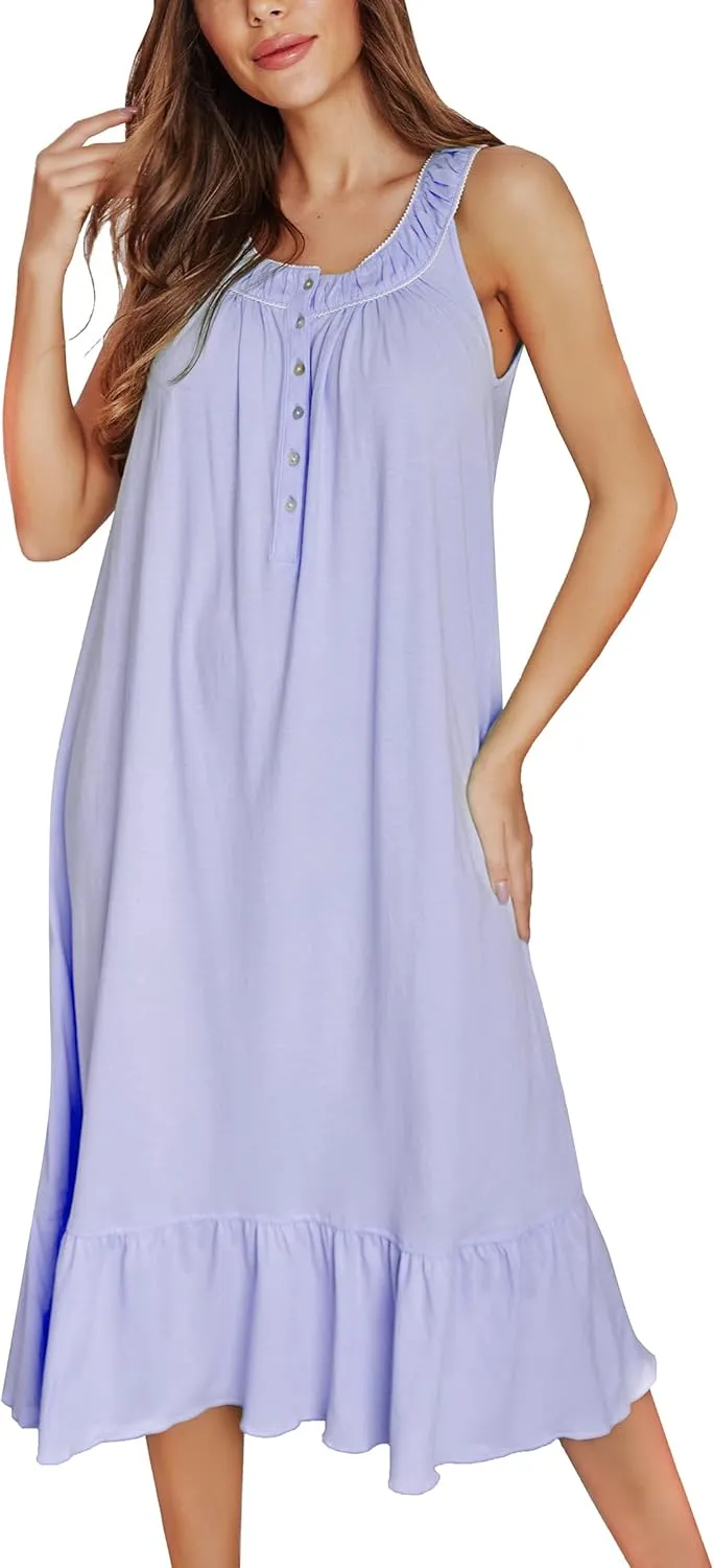 IZZY   TOBY 100% Cotton Nightgowns for Women Soft Ladies Gowns Sleepwear Long Sleeveless Nightgown