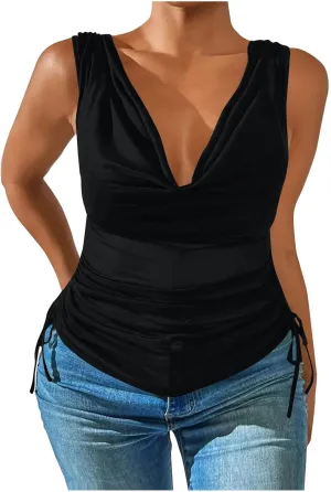 JOAU Women's Cowl Neck Tank Tops Summer Ruched Sleeveless Casual Shirts Drawstring Tie Side Shirring Tunic Blouse Plus Size