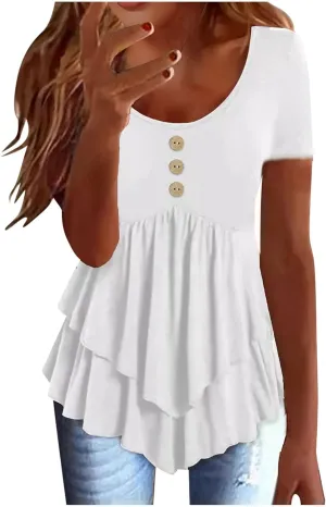 JOAU Womens Summer Short Sleeve Tunic Tops Casual Pleated Crew Neck Babydoll Shirts Flowy Ruffle Button Beach Peplum Blouses