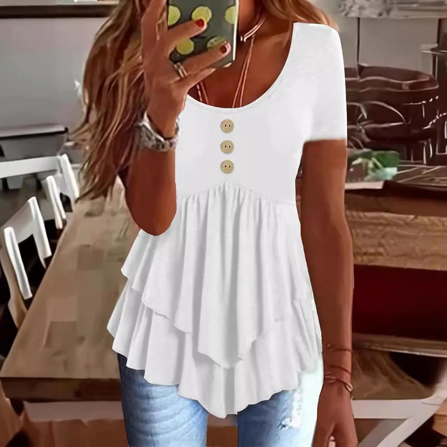 JOAU Womens Summer Short Sleeve Tunic Tops Casual Pleated Crew Neck Babydoll Shirts Flowy Ruffle Button Beach Peplum Blouses
