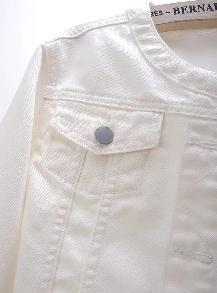 Kedera Women Denim Jacket Button Down Collarless 3/4 Sleeve Cropped Jean Jacket