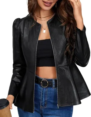 Kedera Womens Faux Leather Jacket Zip Up Puff Sleeve Peplum Coat Long Sleeve Jacket Crew Neck Crop Jacket Outwear