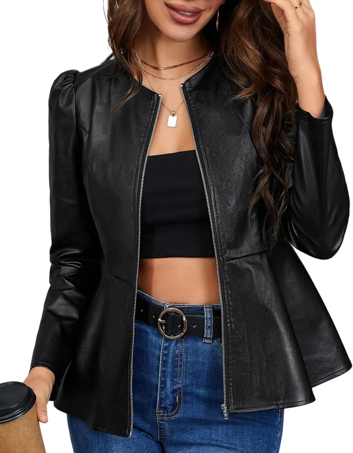 Kedera Womens Faux Leather Jacket Zip Up Puff Sleeve Peplum Coat Long Sleeve Jacket Crew Neck Crop Jacket Outwear