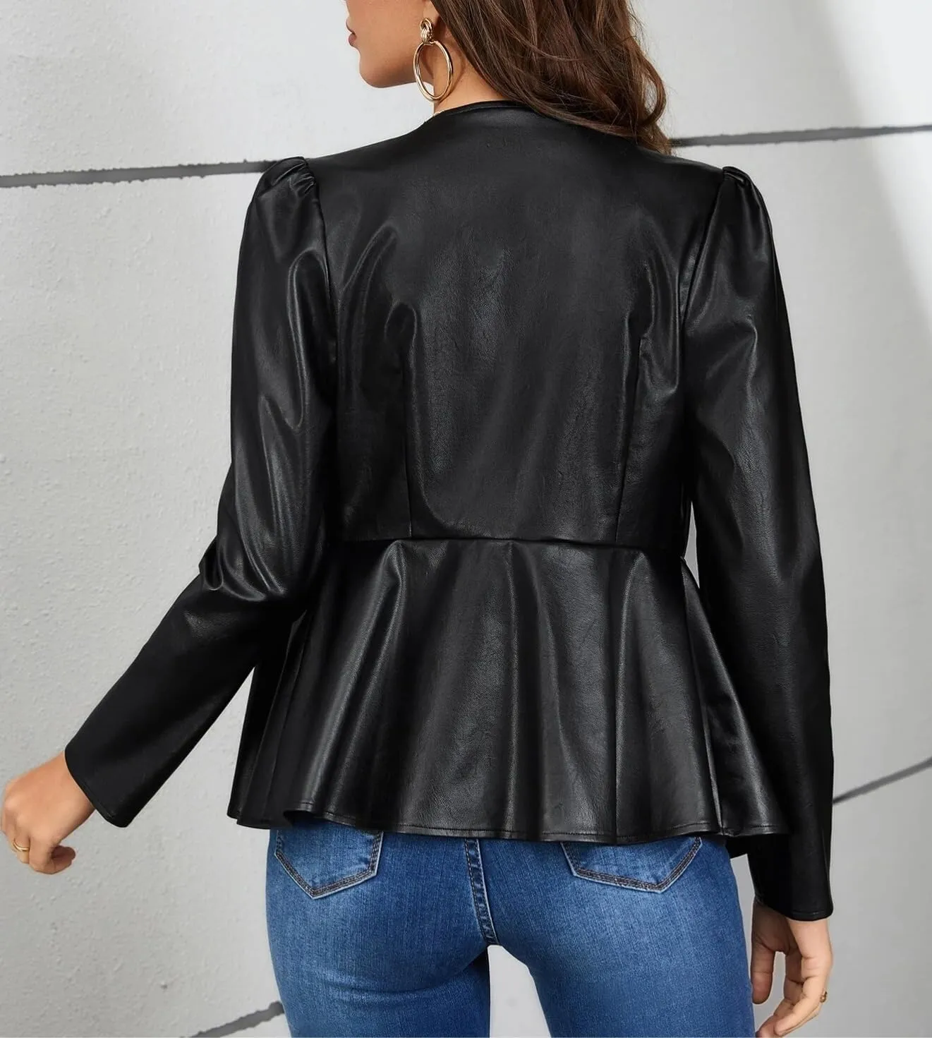 Kedera Womens Faux Leather Jacket Zip Up Puff Sleeve Peplum Coat Long Sleeve Jacket Crew Neck Crop Jacket Outwear