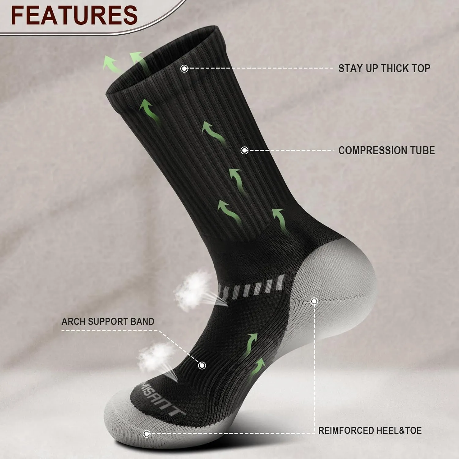 KEMISANT Men Sports Socks 6Pairs, Compression Crew Work Socks Cushioned for Men-Arch Compression Support