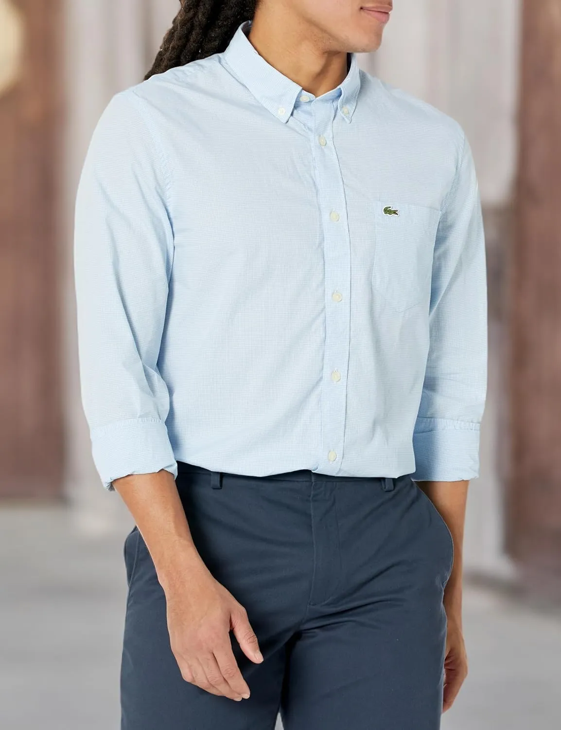 Lacoste Men's Long Sleeve Regular Fit Gingham Button Down Shirt