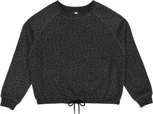 LAT Women Cropped Sweatshirt | Long Sleeve Pullover Fleece with Waist Drawstring, Black Leopard, Large