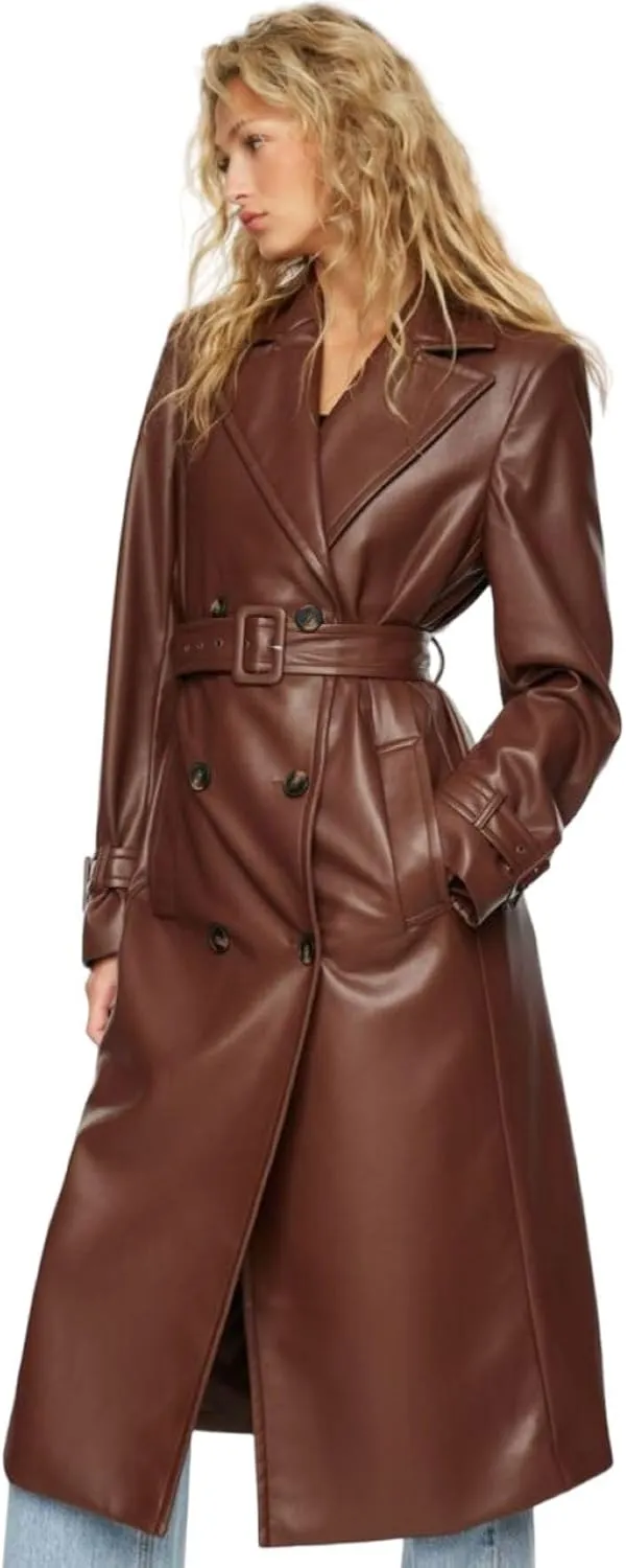 Leather Trench Coat For Women Long | Brown Lambskin Leather