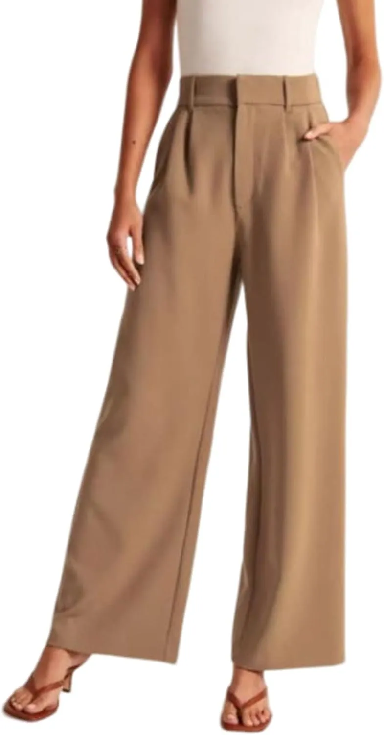 LELEBEAR The Effortless Tailored Wide Leg Pants, Women's Casual Wide Leg High Down Straight Long Trousers High Waisted