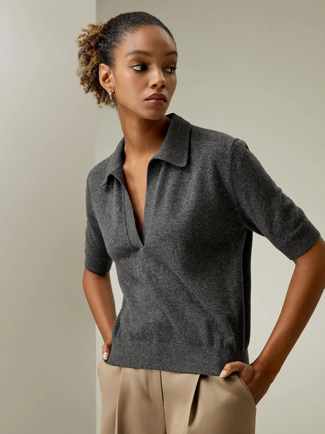 LilySilk 100% Baby Cashmere Sweater for Women Polo Shirt Style Pullover V Neck Lightweight Soft Half Sleeve Knit Tops