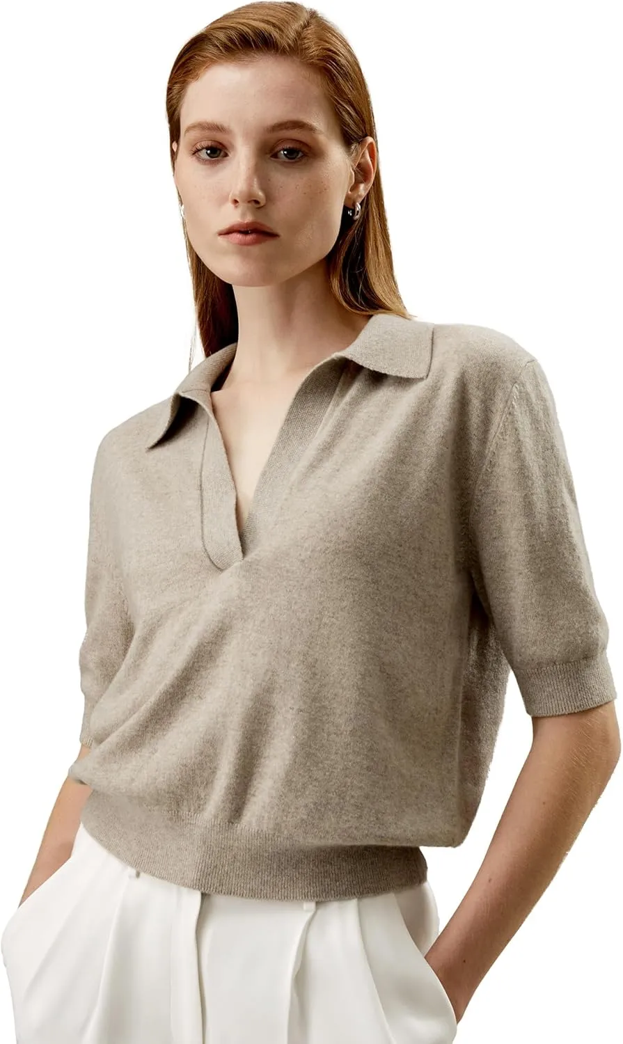 LilySilk 100% Baby Cashmere Sweater for Women Polo Shirt Style Pullover V Neck Lightweight Soft Half Sleeve Knit Tops