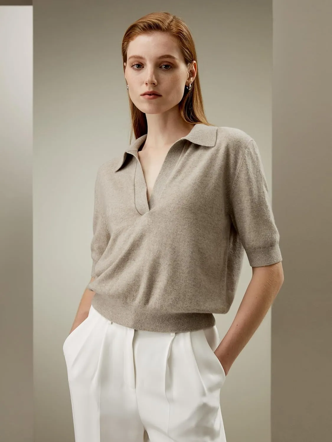 LilySilk 100% Baby Cashmere Sweater for Women Polo Shirt Style Pullover V Neck Lightweight Soft Half Sleeve Knit Tops