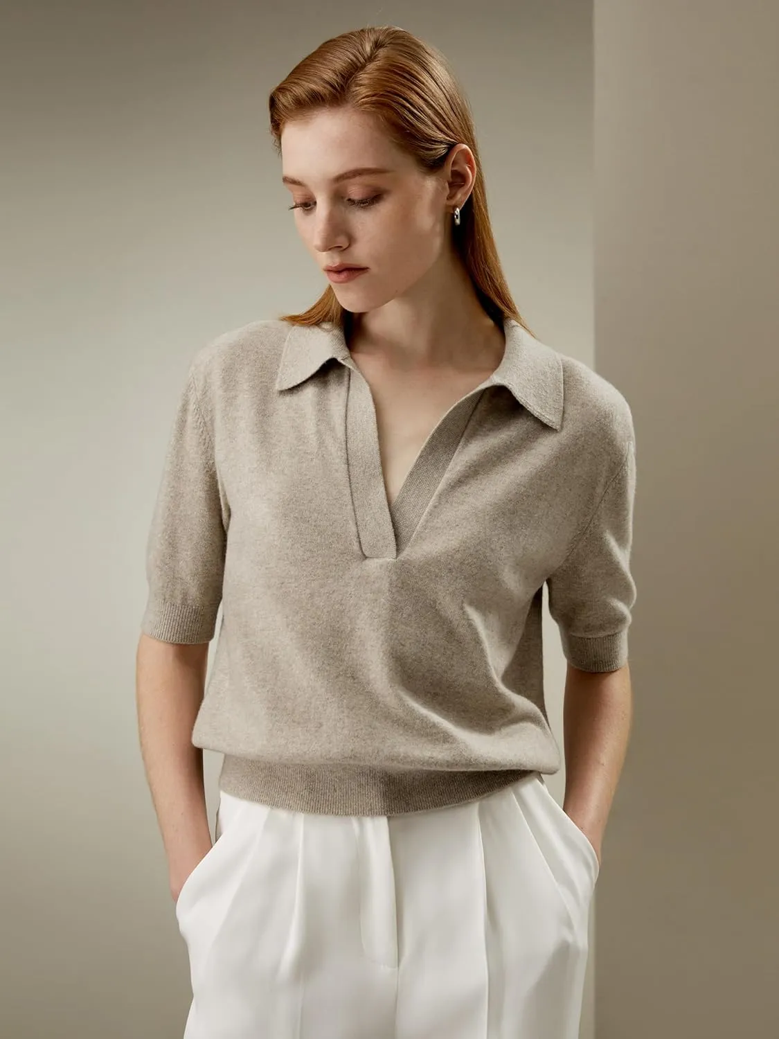 LilySilk 100% Baby Cashmere Sweater for Women Polo Shirt Style Pullover V Neck Lightweight Soft Half Sleeve Knit Tops