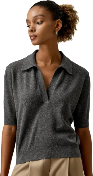 LilySilk 100% Baby Cashmere Sweater for Women Polo Shirt Style Pullover V Neck Lightweight Soft Half Sleeve Knit Tops