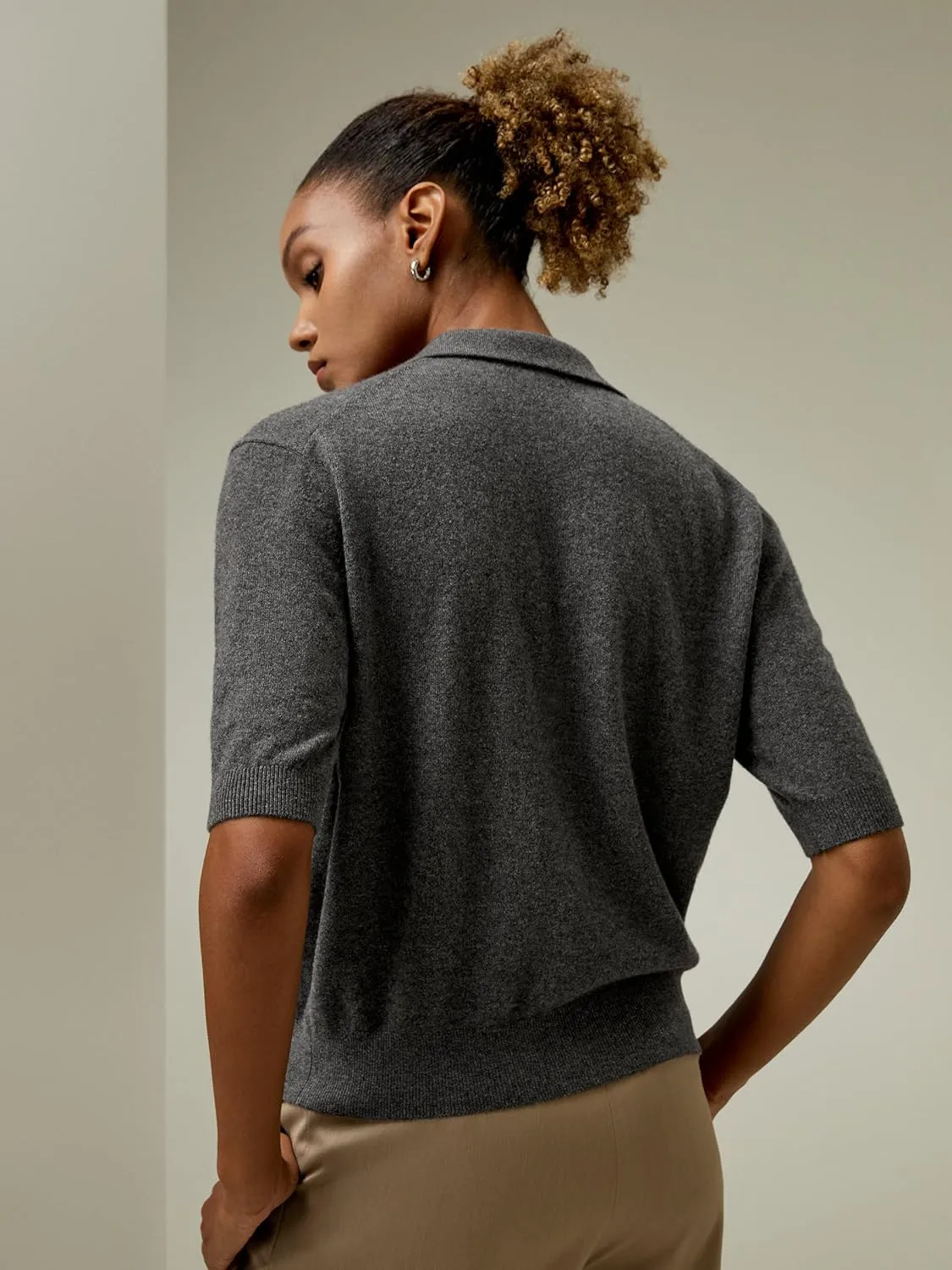 LilySilk 100% Baby Cashmere Sweater for Women Polo Shirt Style Pullover V Neck Lightweight Soft Half Sleeve Knit Tops