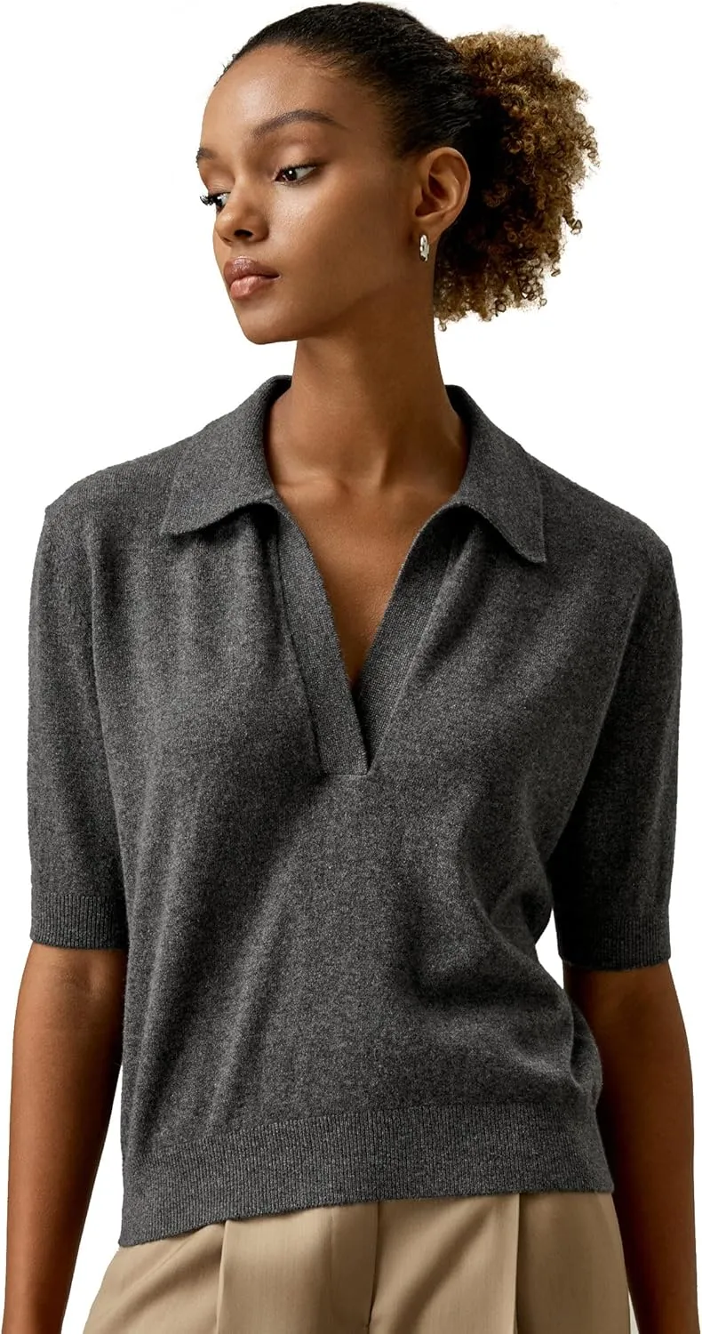 LilySilk 100% Baby Cashmere Sweater for Women Polo Shirt Style Pullover V Neck Lightweight Soft Half Sleeve Knit Tops