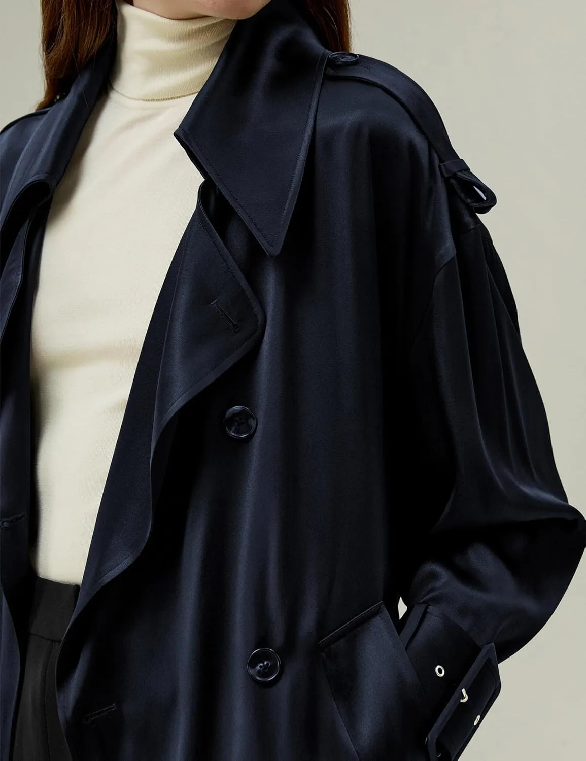 LilySilk 100% Silk Oversized Trenchcoat for Women Lapel Collar Long Drop-shoulder Belt Cuffs Work Business Fall Silk Coat