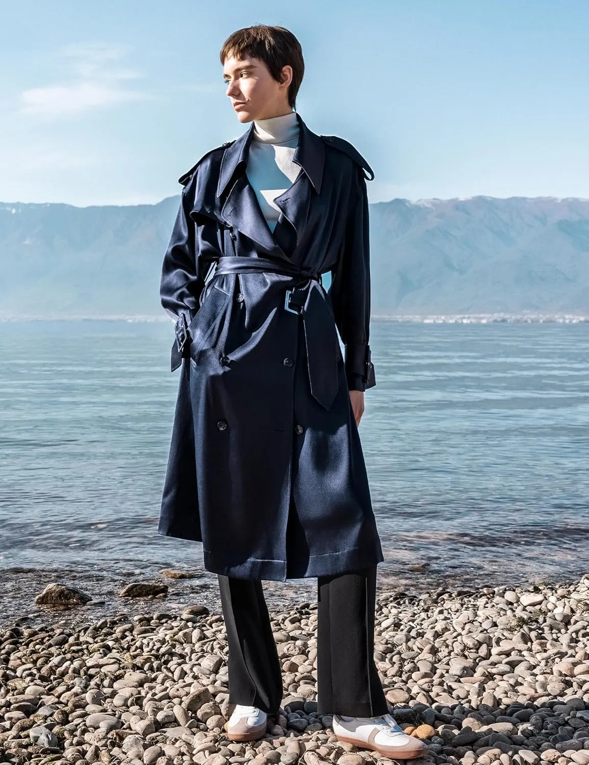 LilySilk 100% Silk Oversized Trenchcoat for Women Lapel Collar Long Drop-shoulder Belt Cuffs Work Business Fall Silk Coat