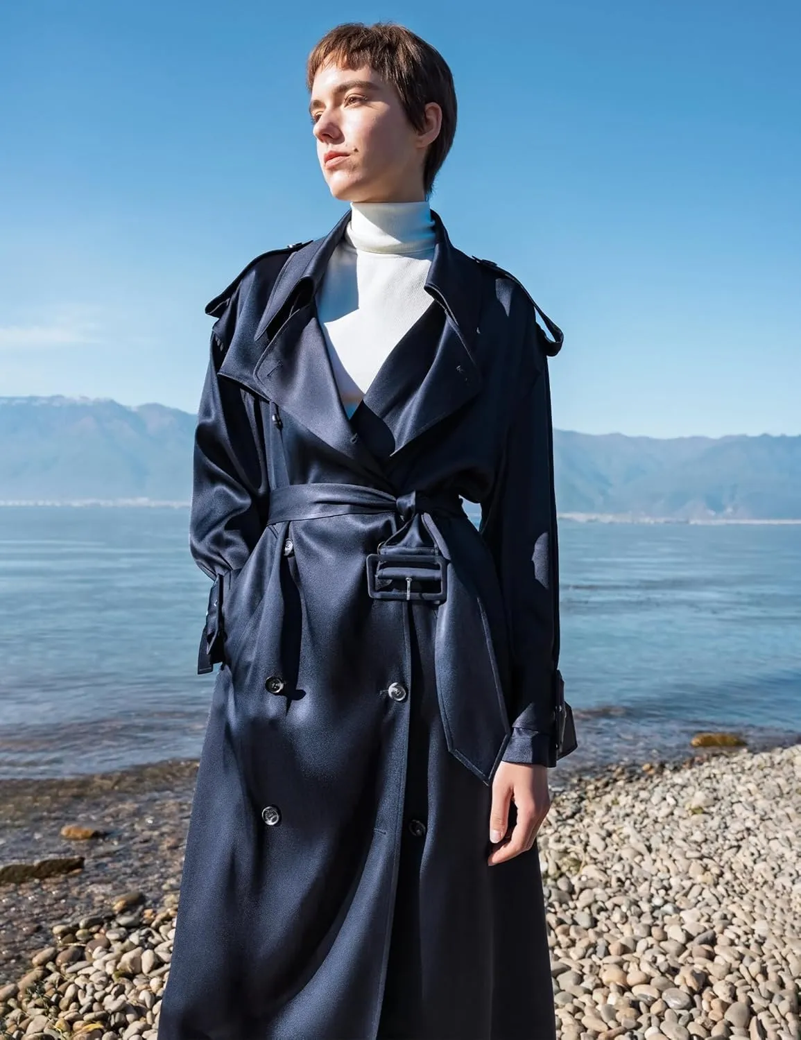 LilySilk 100% Silk Oversized Trenchcoat for Women Lapel Collar Long Drop-shoulder Belt Cuffs Work Business Fall Silk Coat