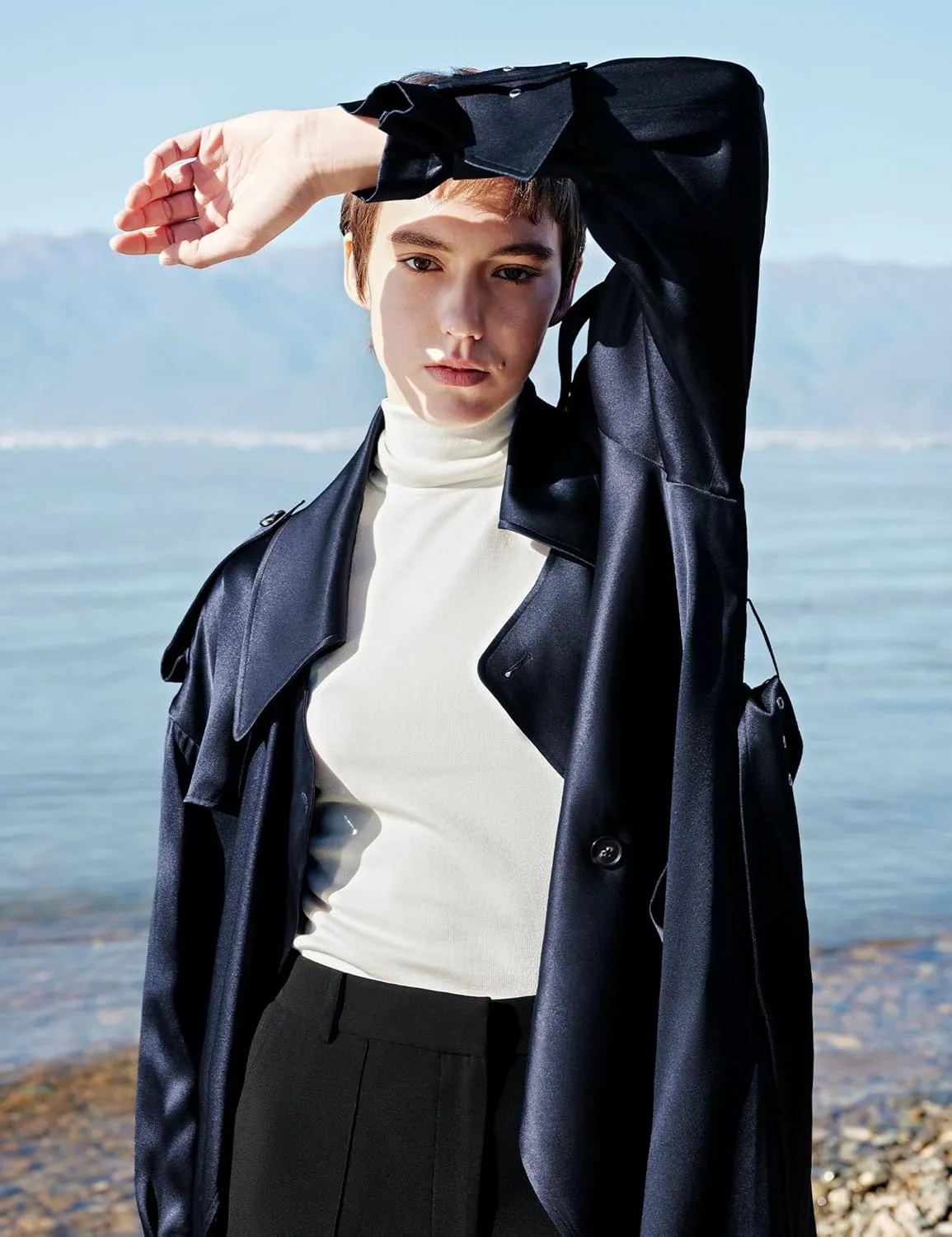 LilySilk 100% Silk Oversized Trenchcoat for Women Lapel Collar Long Drop-shoulder Belt Cuffs Work Business Fall Silk Coat