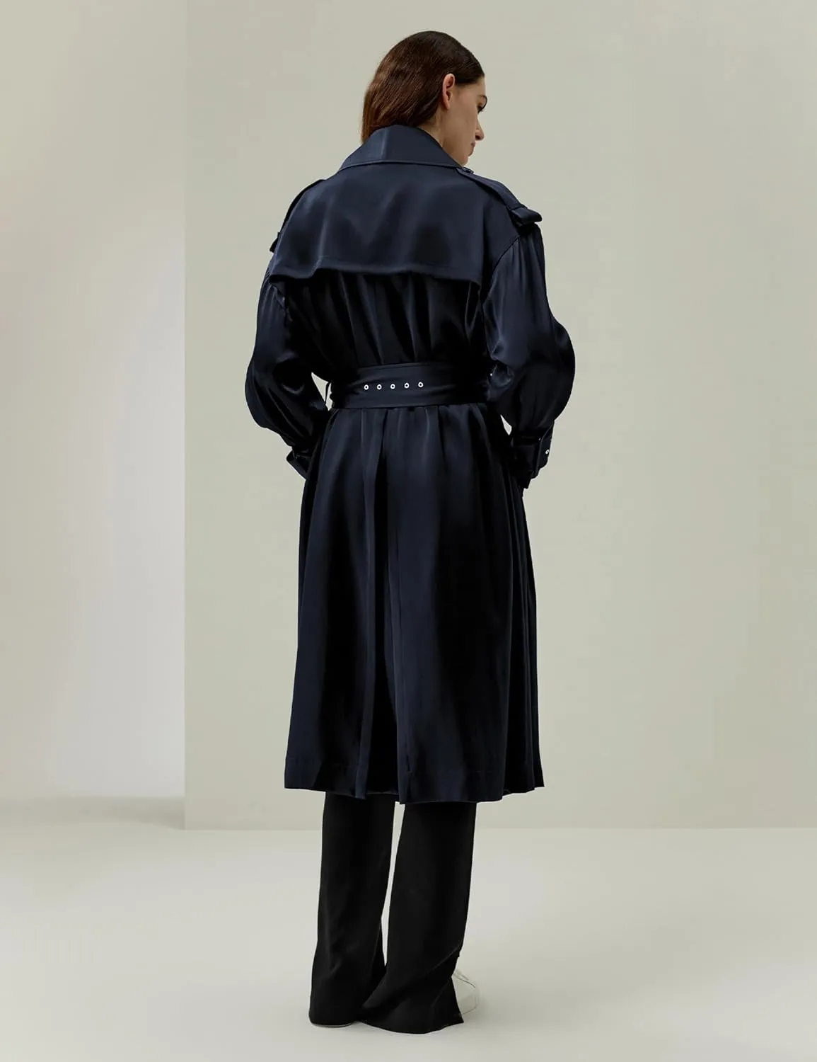 LilySilk 100% Silk Oversized Trenchcoat for Women Lapel Collar Long Drop-shoulder Belt Cuffs Work Business Fall Silk Coat