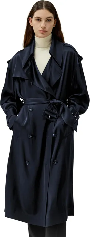 LilySilk 100% Silk Oversized Trenchcoat for Women Lapel Collar Long Drop-shoulder Belt Cuffs Work Business Fall Silk Coat